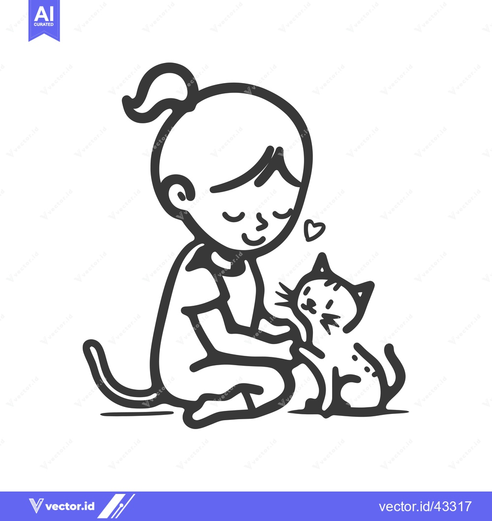Premium Vector of Girl Kneeling and Petting a Cat with a Heart Above Them