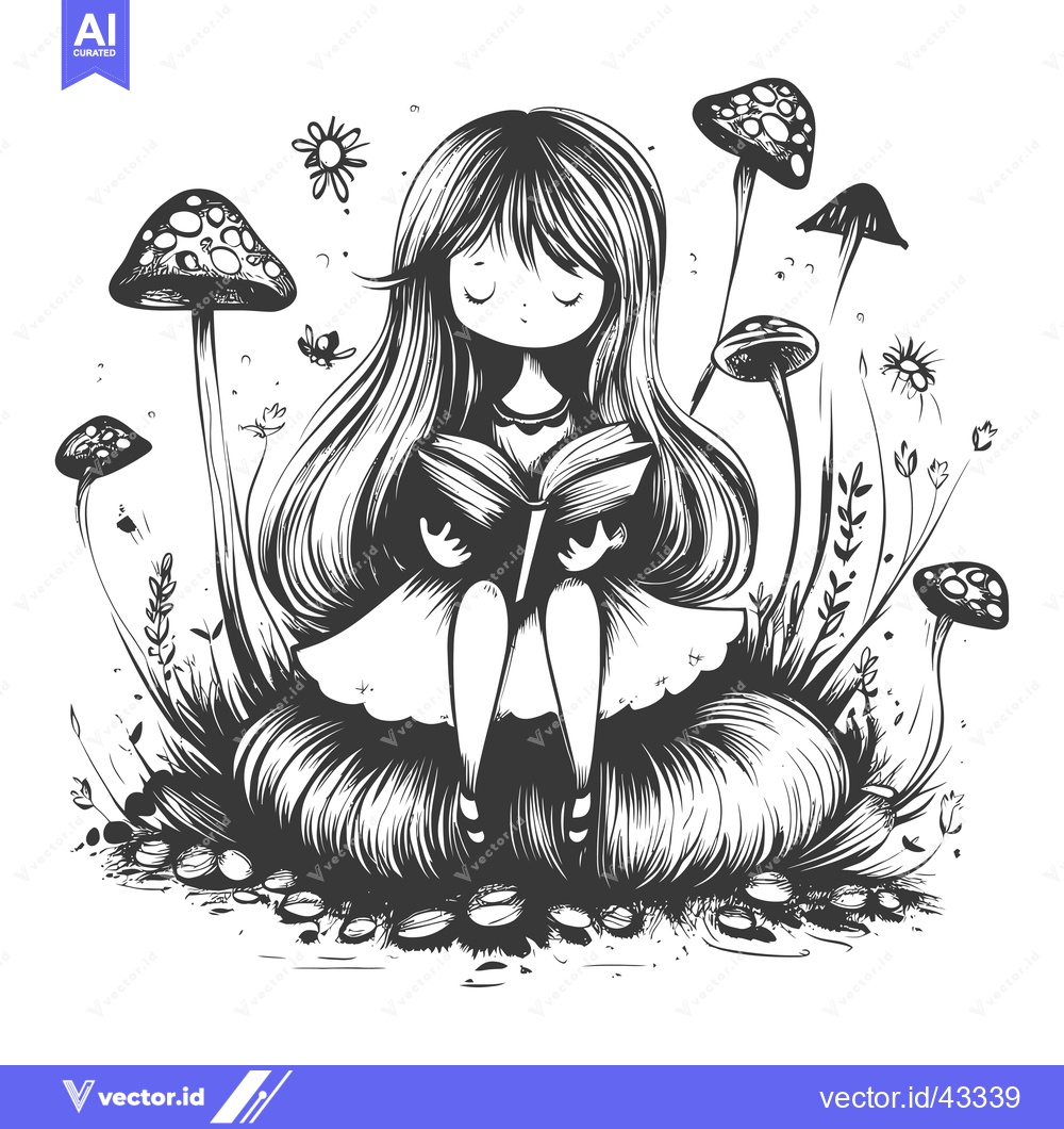 Premium Vector dari Girl Reading a Book in a Mushroom Forest