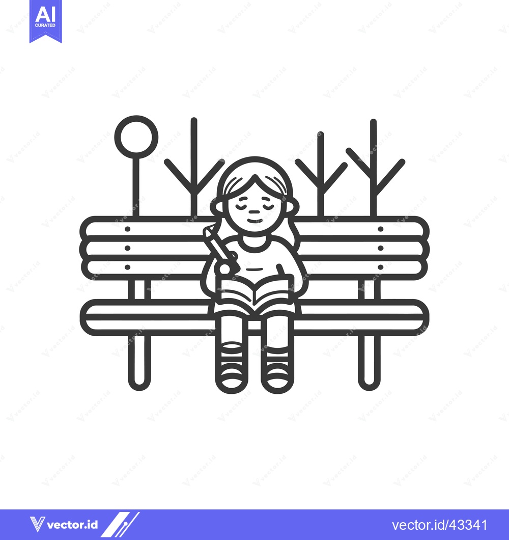 Premium Vector of Girl Reading a Book on a Park Bench with Trees