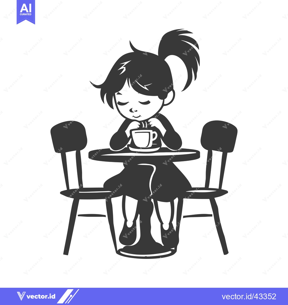 Premium Vector of Girl Sitting at a Table Drinking from a Cup