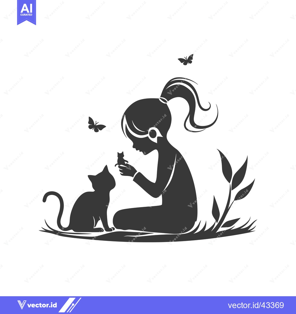 Premium Vector of Girl Sitting with Cat and Butterfly, Holding Kitten