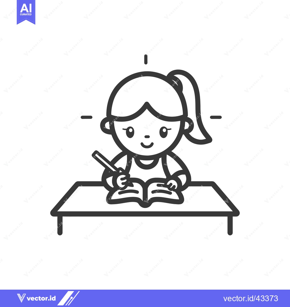 Premium Vector dari Girl Student Studying at a Desk with a Book and Pencil