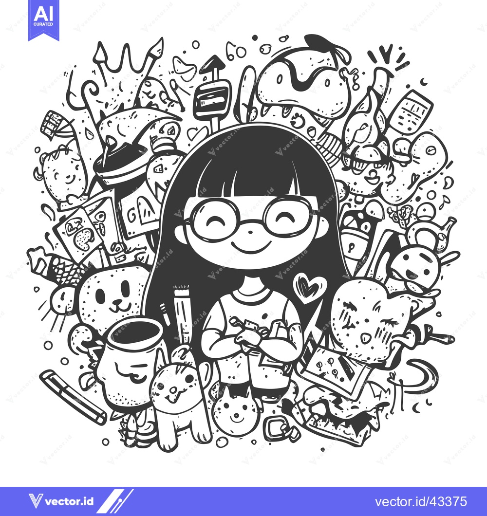 Premium Vector dari Girl Surrounded by Doodle Characters and Objects