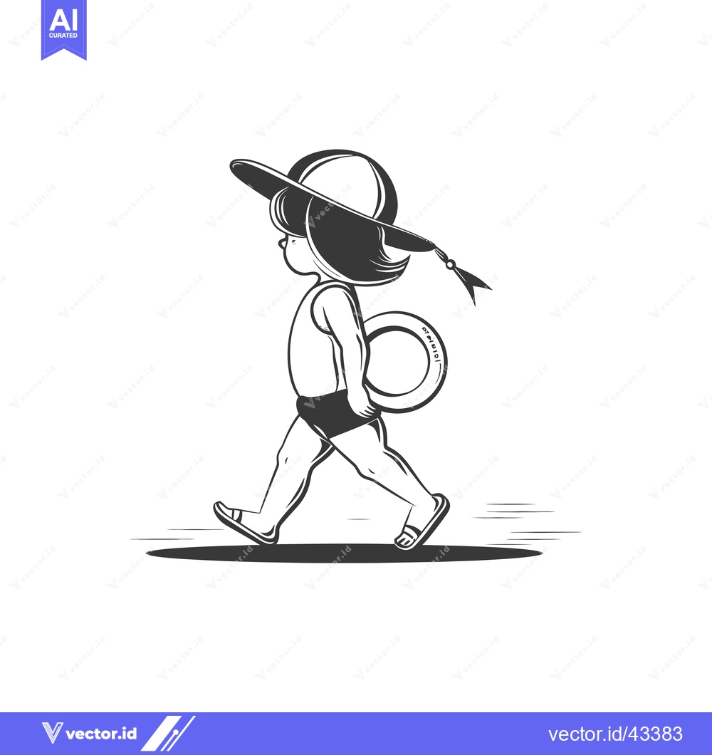 Premium Vector of Girl Walking on Beach with Floatie and Hat