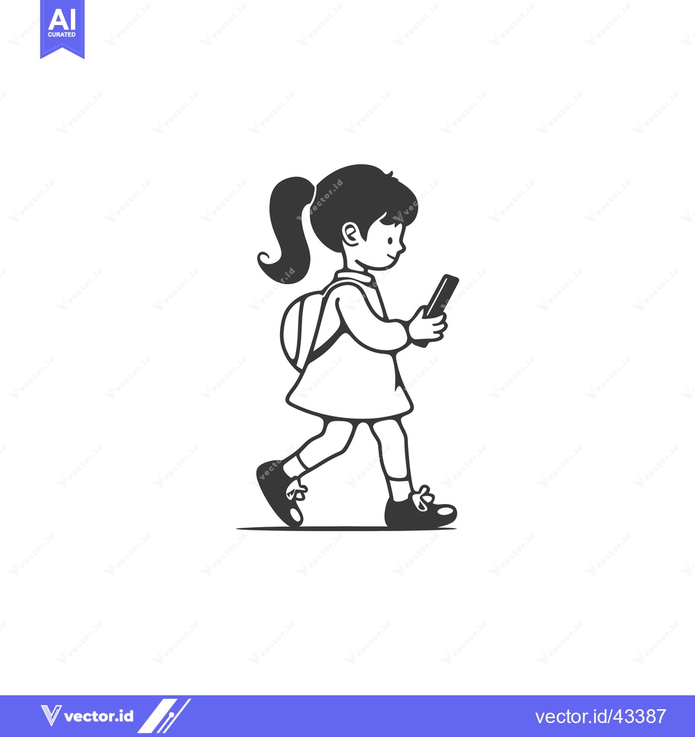 Premium Vector dari Girl walking with a backpack and looking at a phone