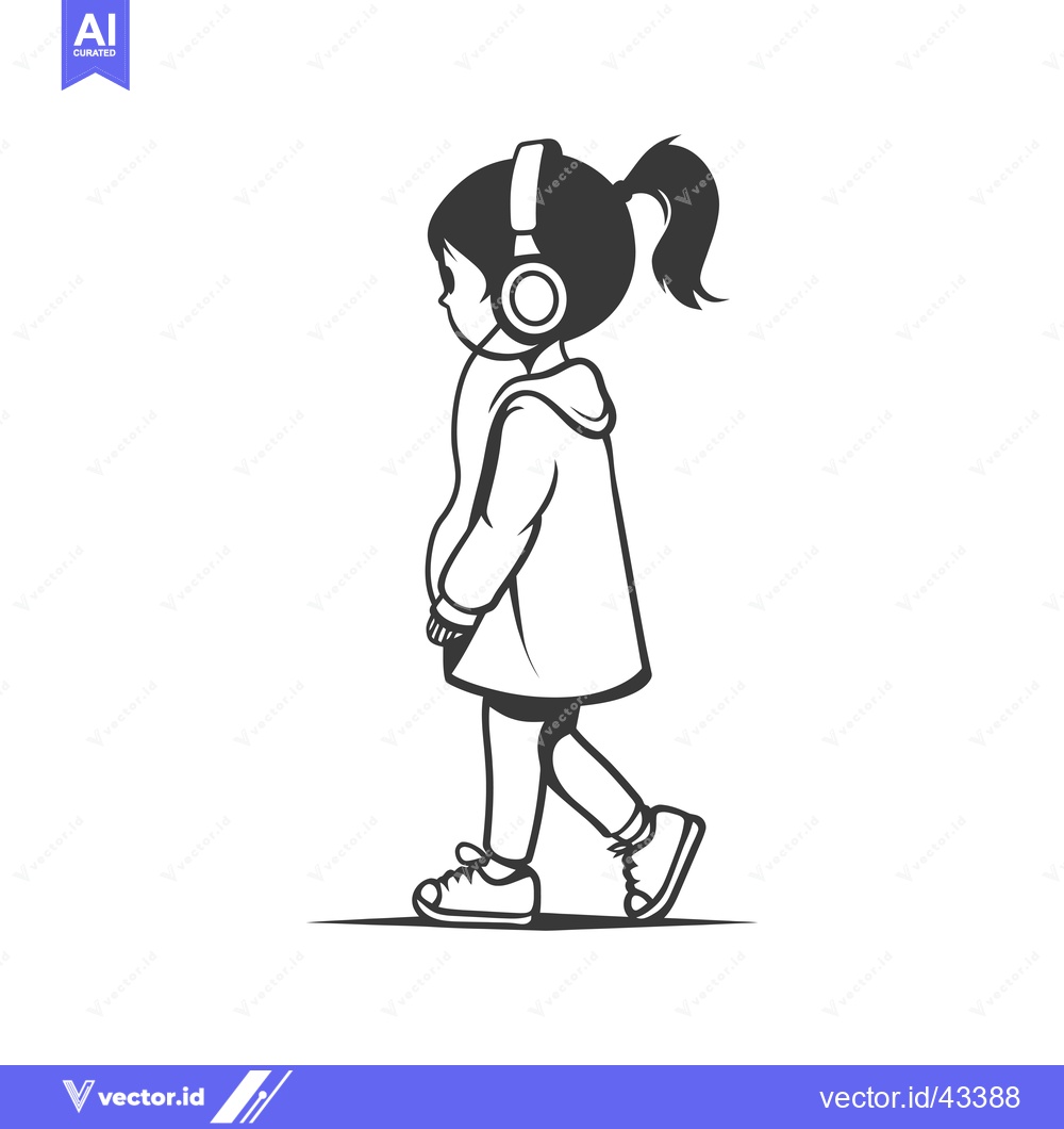 Premium Vector of Girl Walking with Headphones and Ponytail