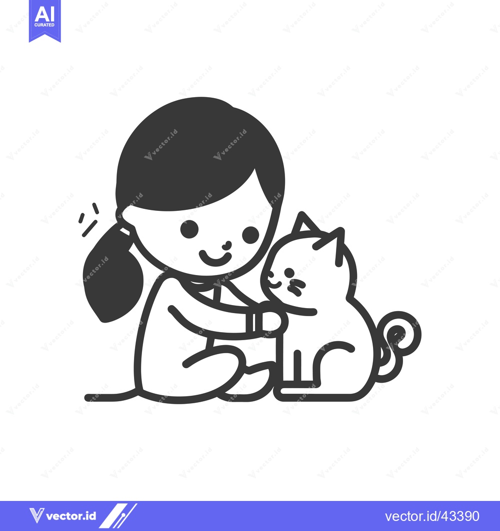 Premium Vector of Girl with a Cat Sitting and Smiling