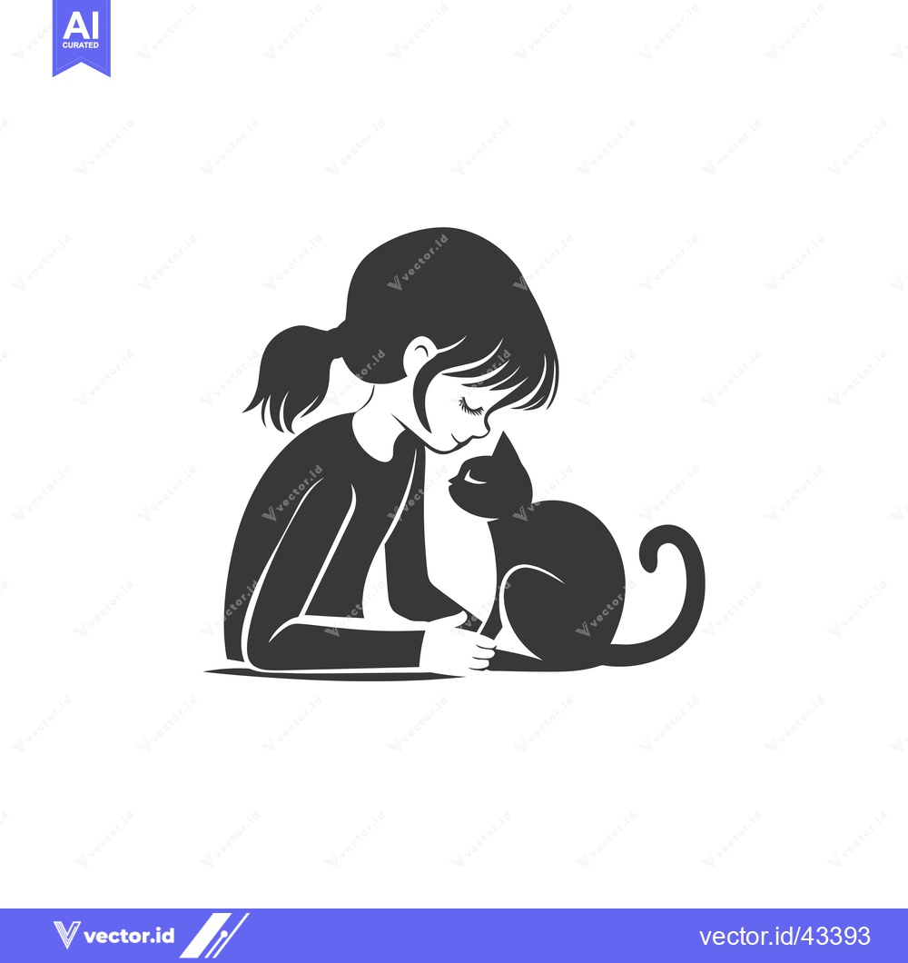 Premium Vector of Girl with a ponytail looking down at a black cat
