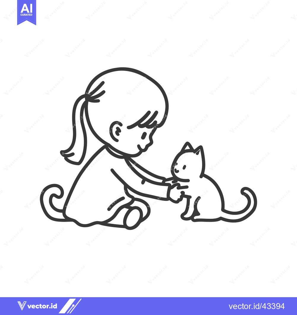 Premium Vector of Girl with a Ponytail Petting a Sitting Cat
