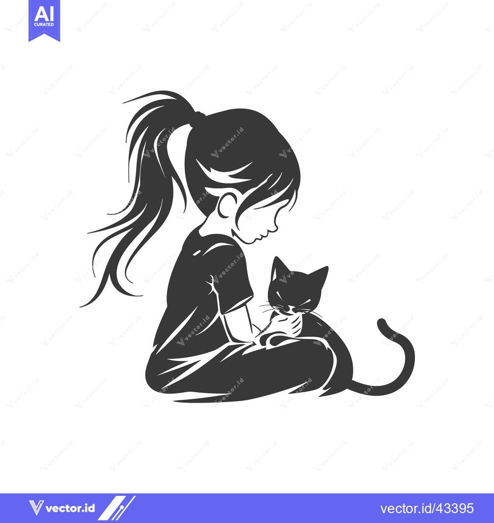 Premium Vector dari Girl with a ponytail sitting and holding a cat