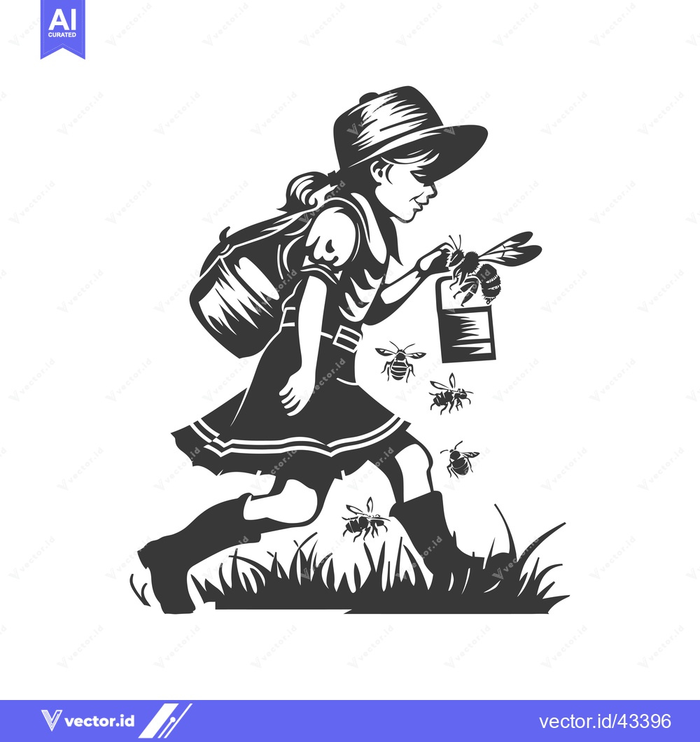 Premium Vector of Girl with backpack and bees collecting honey