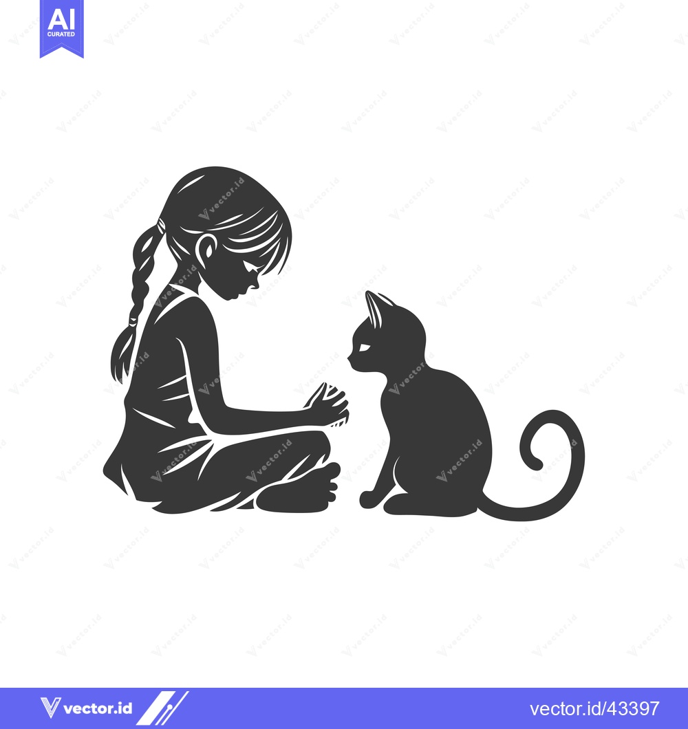 Premium Vector dari Girl with Braided Hair Looking at a Cat