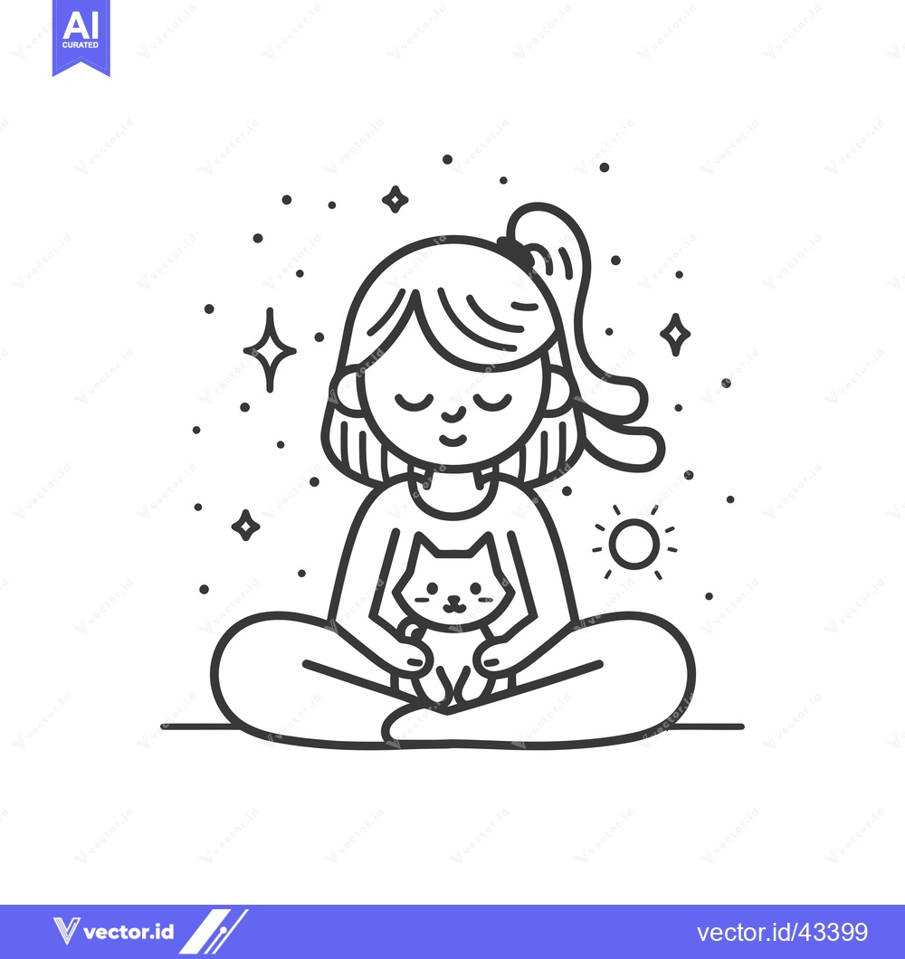 Premium Vector of Girl with Cat Sitting in Yoga Pose with Sun and Stars Around Her
