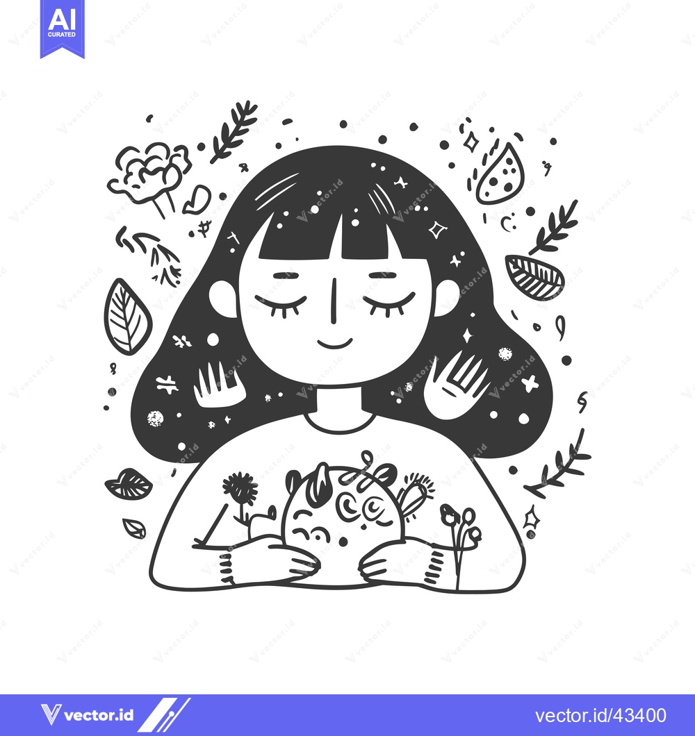 Premium Vector dari Girl with Closed Eyes Holding a Planet with Flowers and Stars Surround