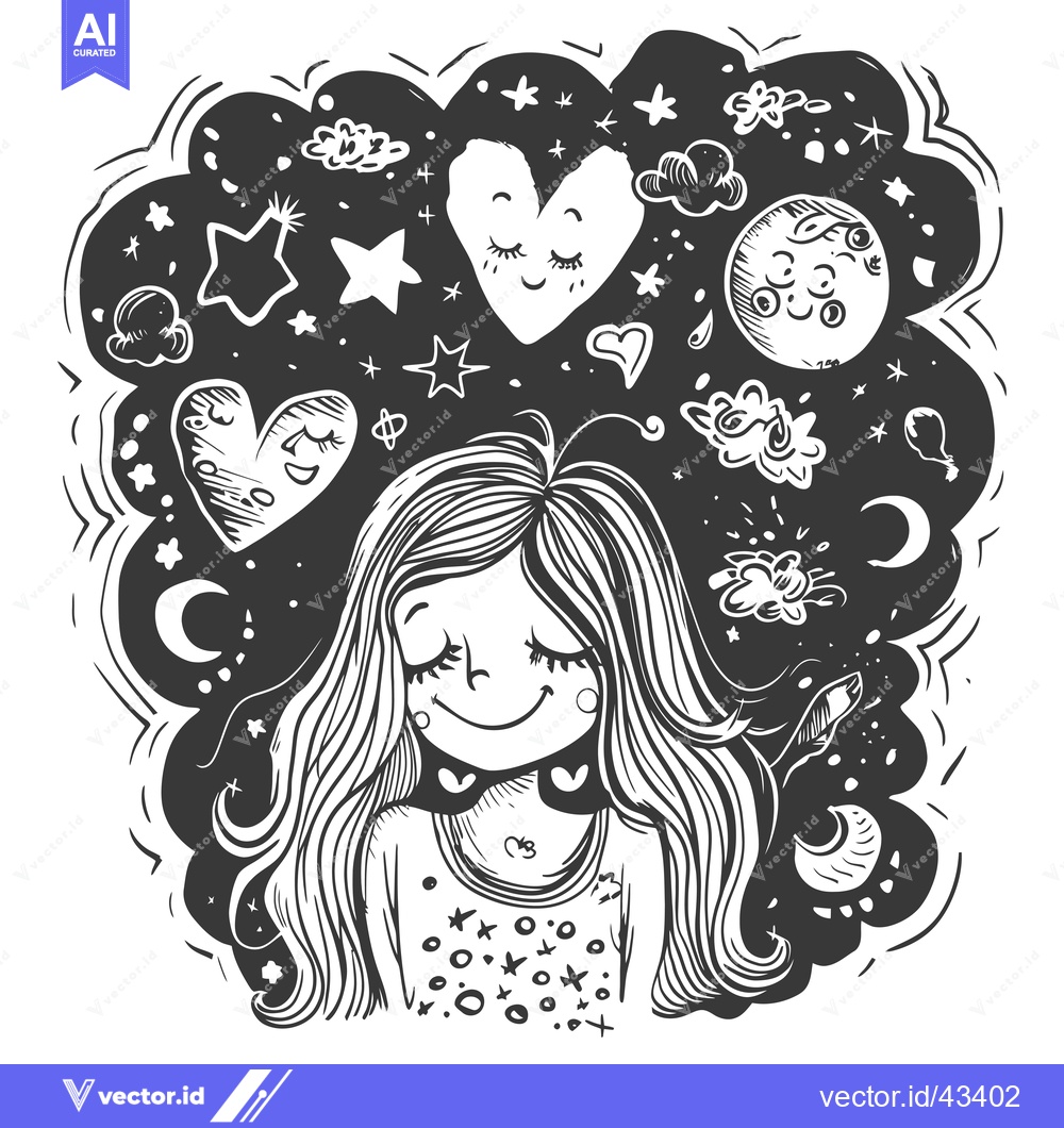 Premium Vector dari Girl with Long Hair Dreaming of Stars, Hearts, and the Moon