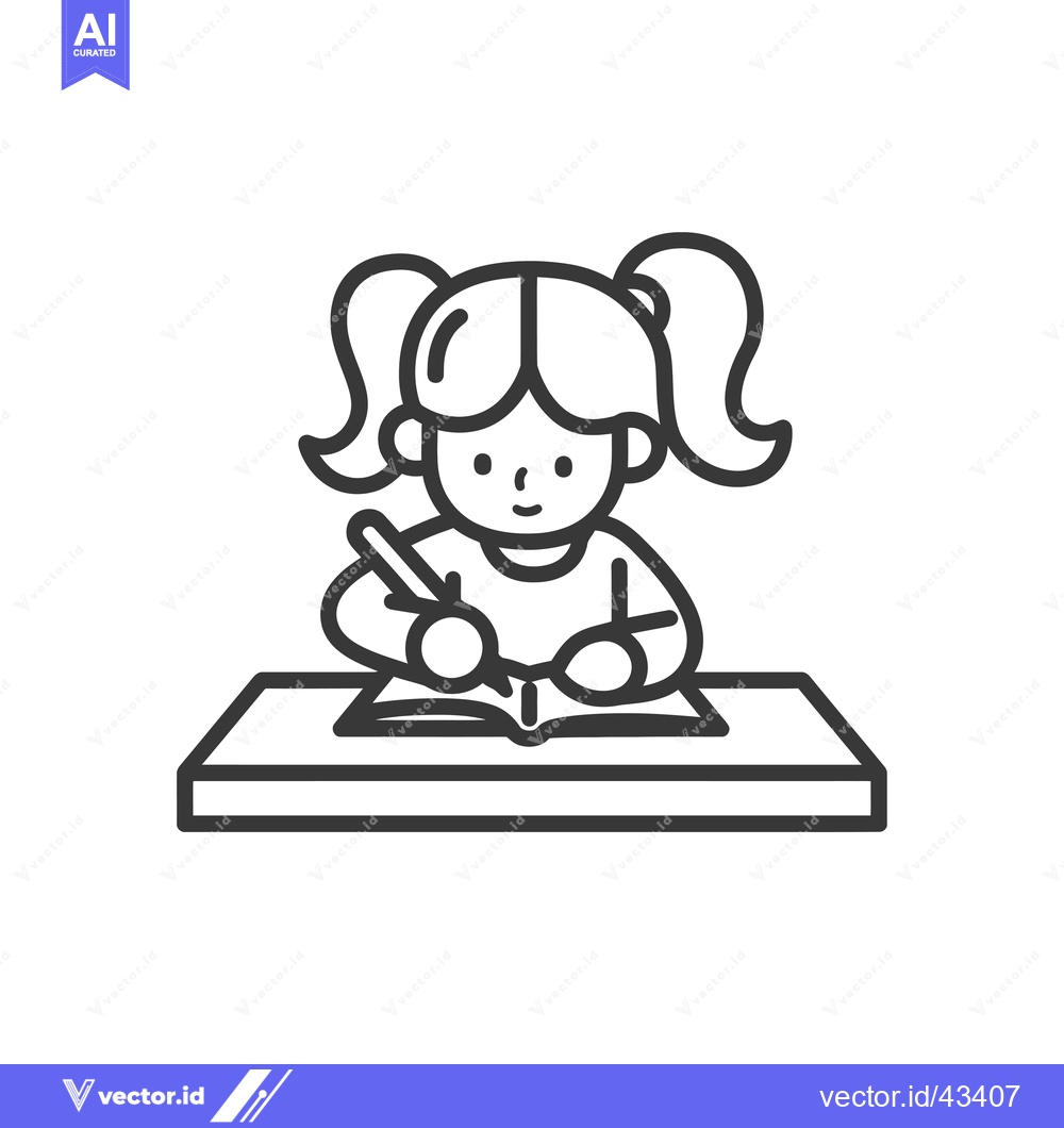 Premium Vector of Girl with Pigtails Writing in a Notebook at a Desk