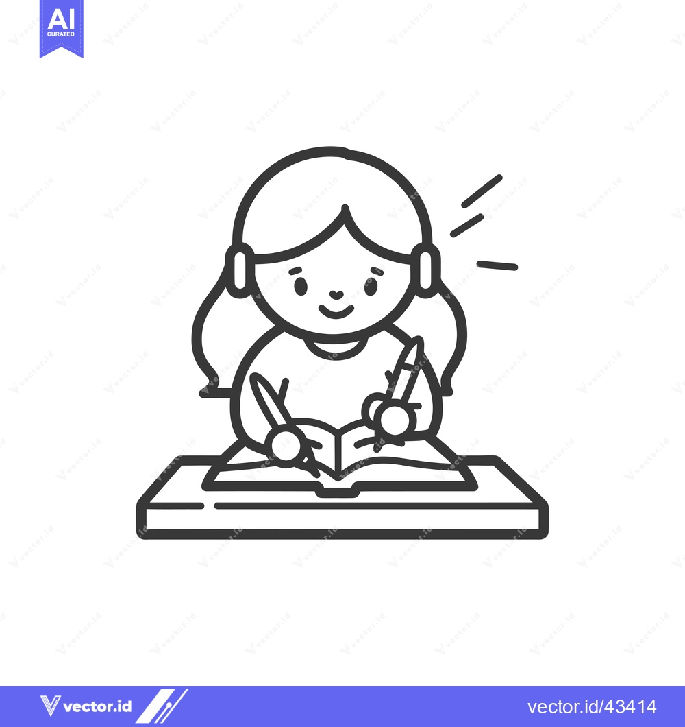 Premium Vector of Girl Writing in a Book with Pens and a Happy Expression