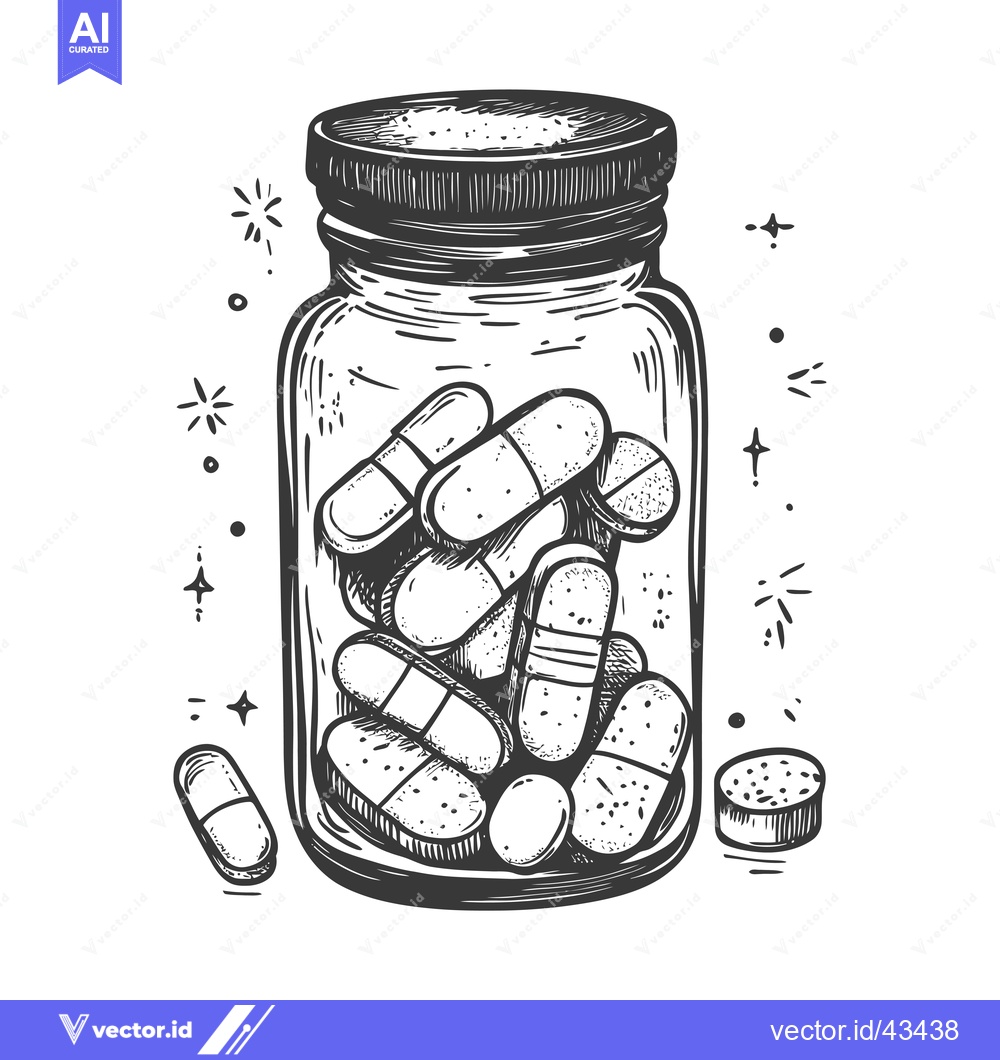 Premium Vector of Glass Jar Filled with Pills and One Pill Lying Next to it