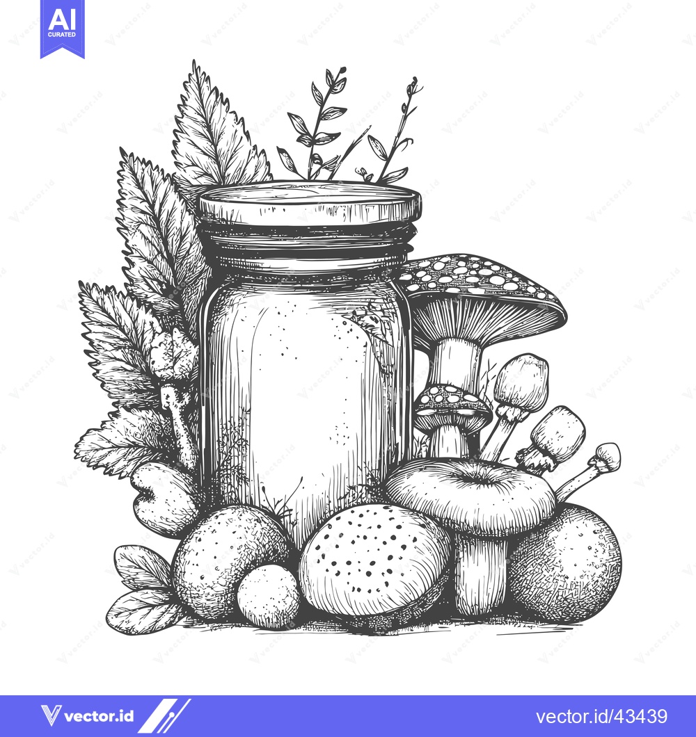 Premium Vector dari Glass Jar Surrounded by Mushrooms, Berries, and Foliage