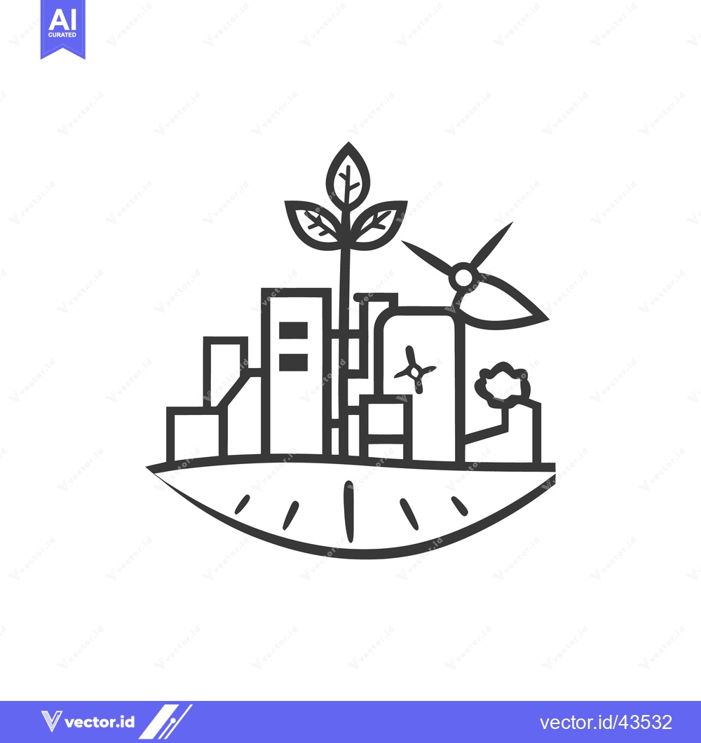 Premium Vector dari A green city icon with buildings a plant and turbine