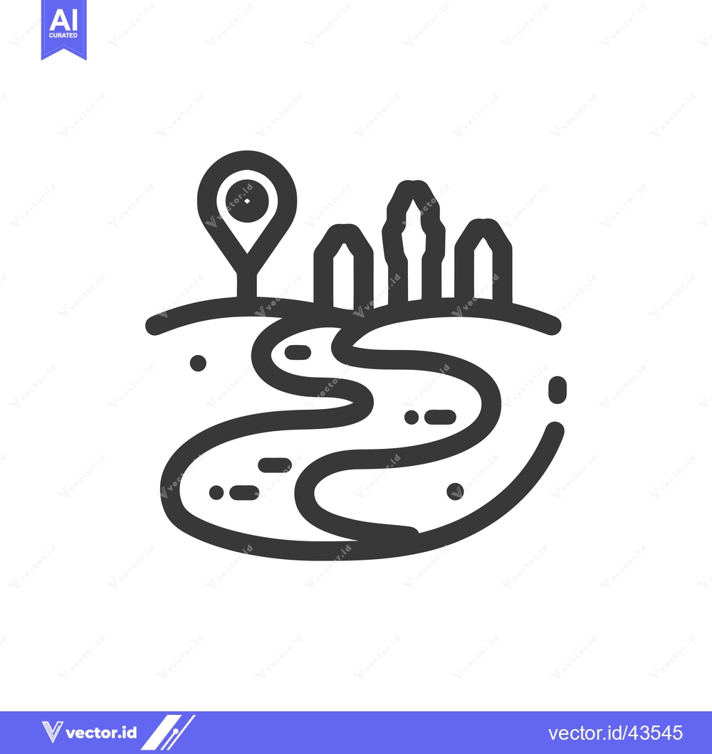 Premium Vector of Minimalist Landscape Icon: Winding River, Trees, and Location Pin