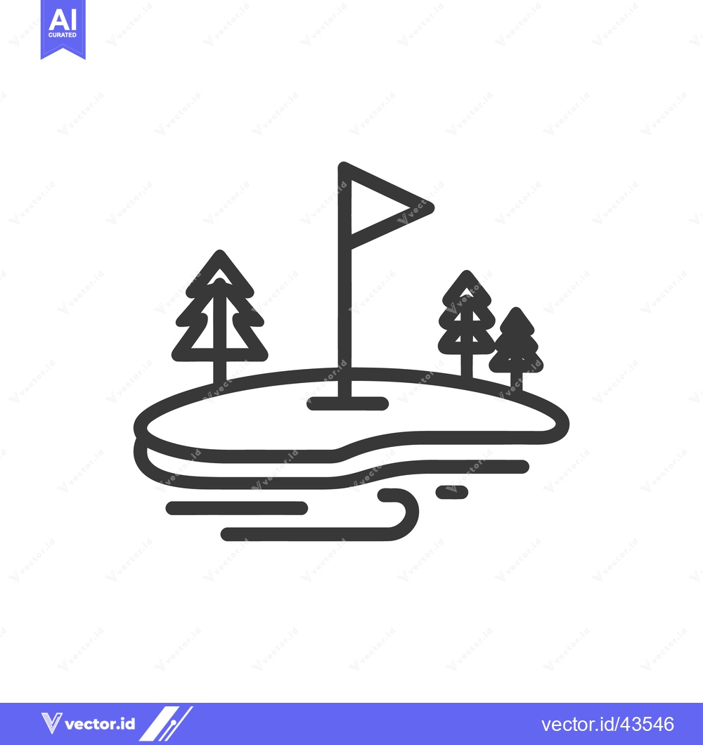 Premium Vector dari Minimalist Golf Course Icon with Flag, Trees, and Water