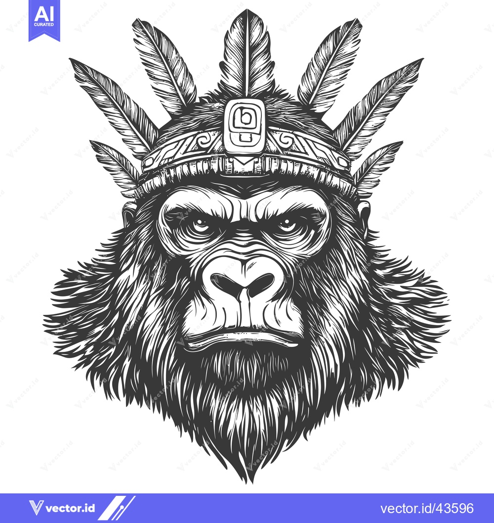 Premium Vector of Gorilla Wearing a Feathered Headband and Headdress