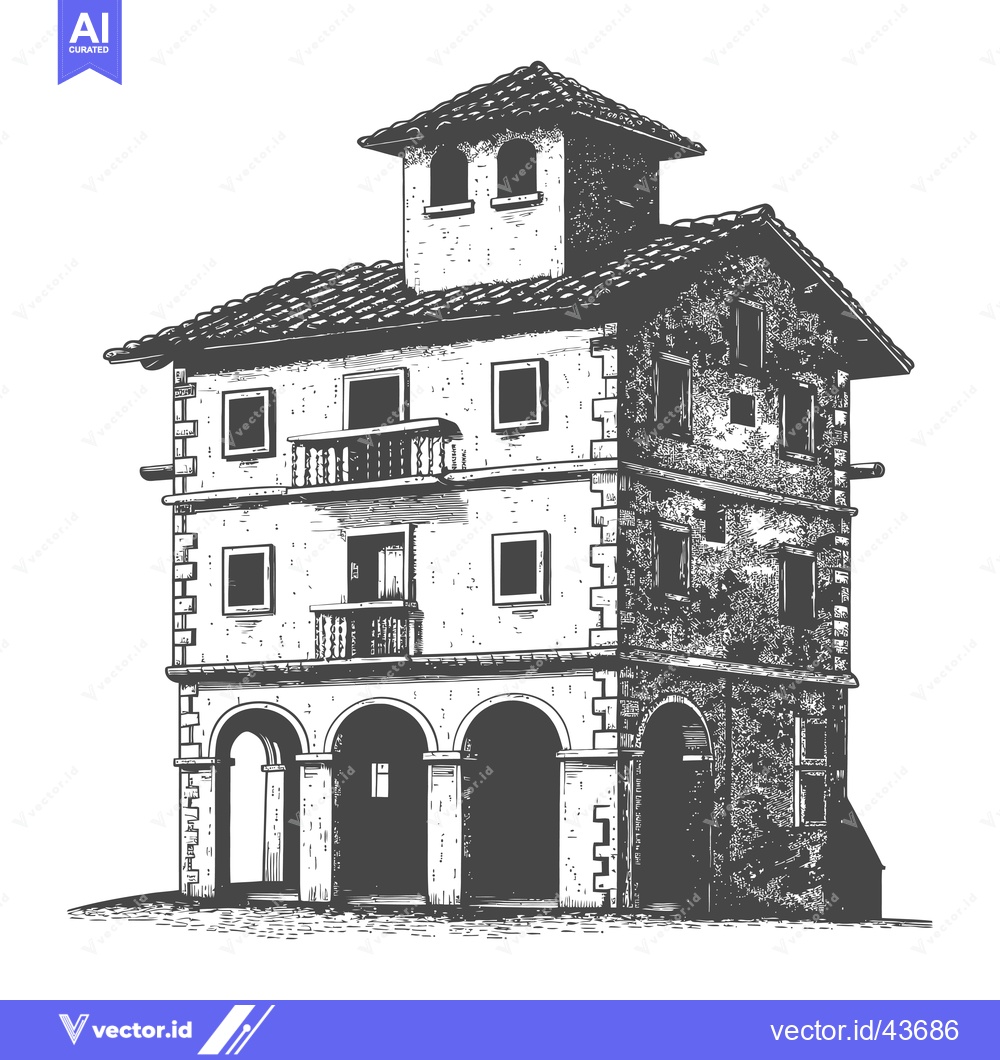 Premium Vector of A Vintage Sketch Of A Multi Story Italian Style House