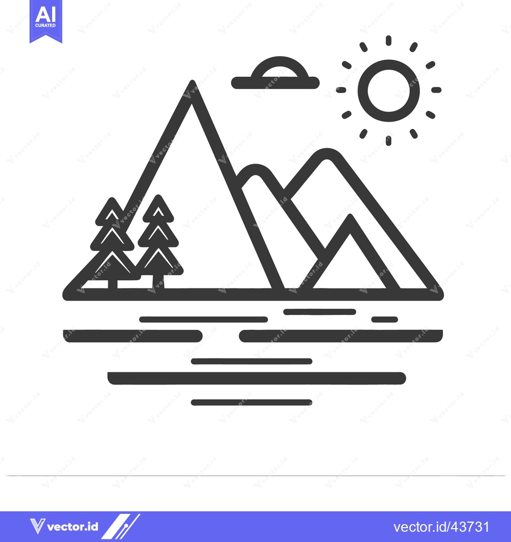 Premium Vector dari A stylized black and white linear landscape scene featuring the mounta