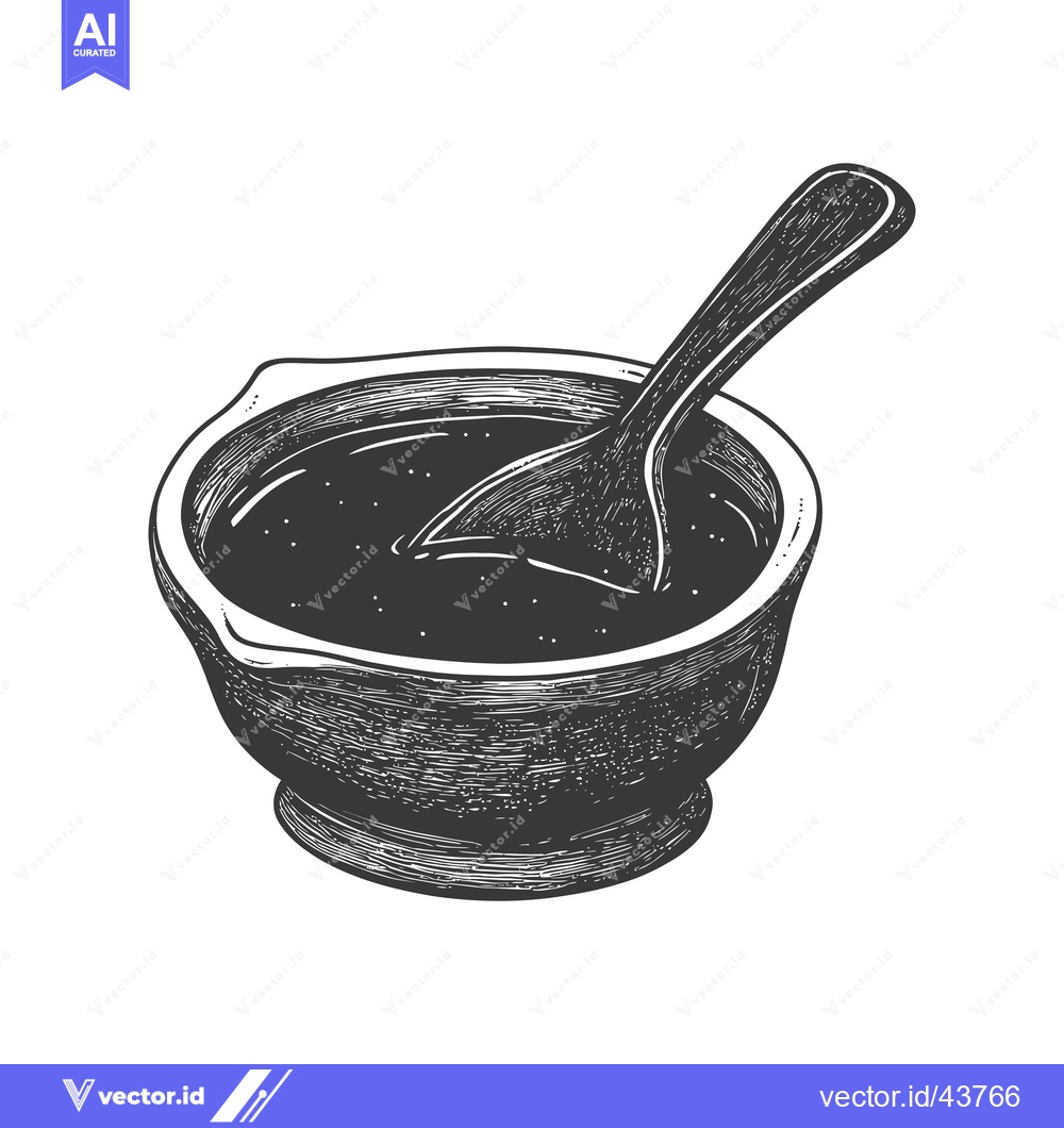 Premium Vector dari Stone Bowl with Spoon Contains Dark Liquid Mixture