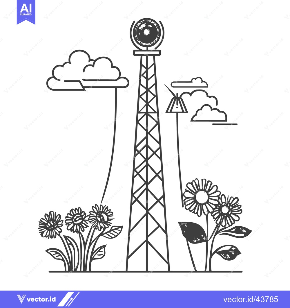 Premium Vector of A stylized illustration showcasing communication tower with flowers an