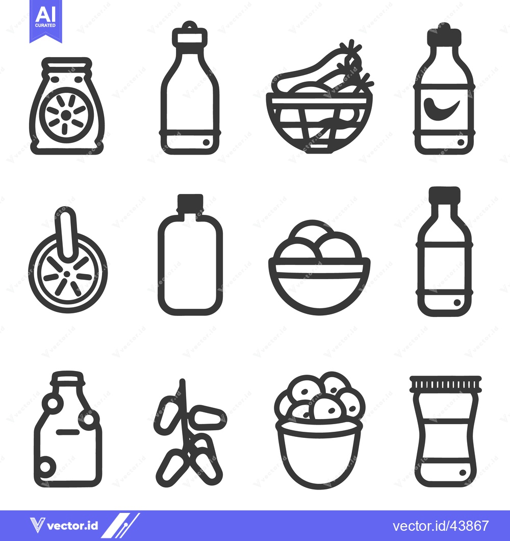 Premium Vector dari Twelve simple illustrations depicting food items and containers in an