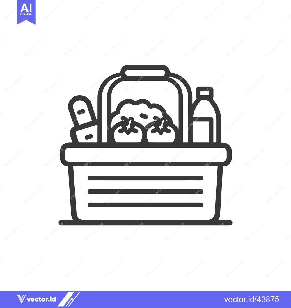 Premium Vector dari Picnic Basket Icon: Tomatoes, Bread, Salad, and Drink Bottle in Simple