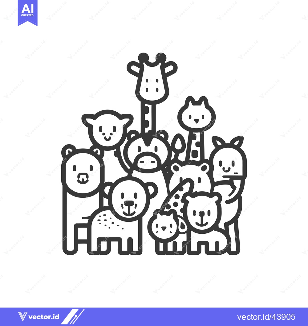 Premium Vector of Group of Adorable Cartoon Animals in Line Art Style