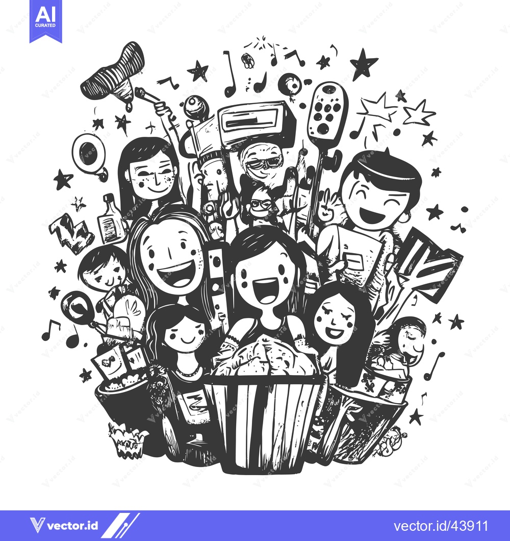 Premium Vector of Group of Happy People Enjoying Movie Night with Popcorn and Snacks
