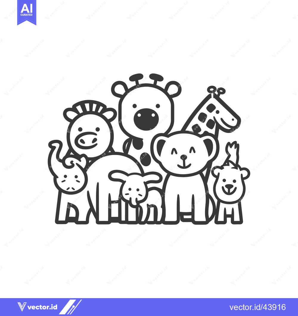 Premium Vector of Group of Six Cartoon Animals in Black and White