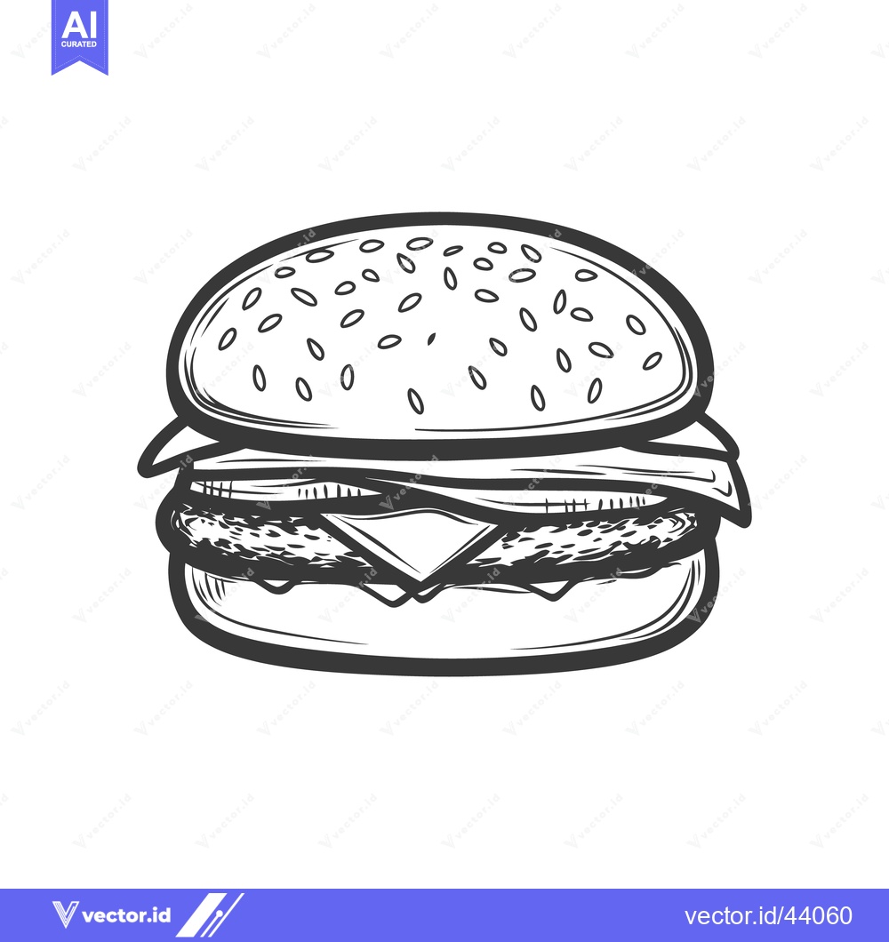 Premium Vector of A detailed line art illustration depicts a stacked burger sandwich