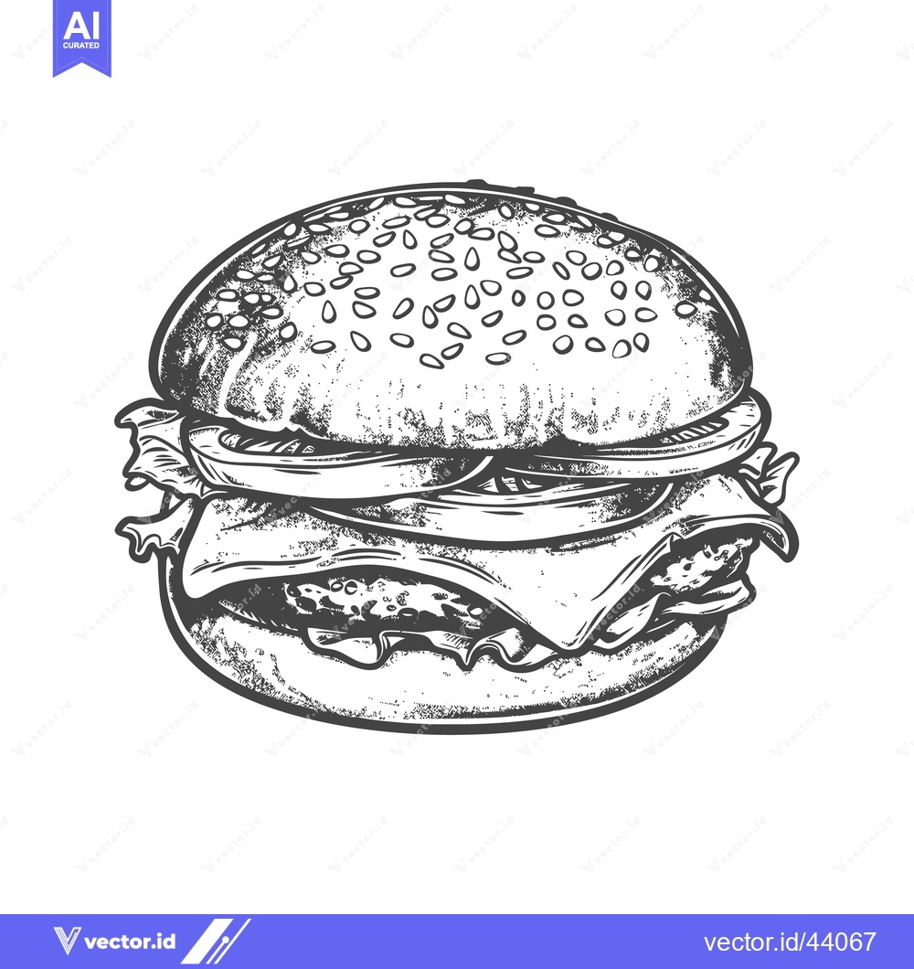 Premium Vector dari Detailed black and white illustration of a complete hamburger sandwich