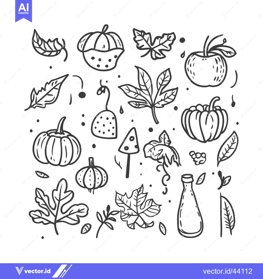 Premium Vector dari Hand-Drawn Autumn-Themed Elements, Including Pumpkins, Leaves, and a M