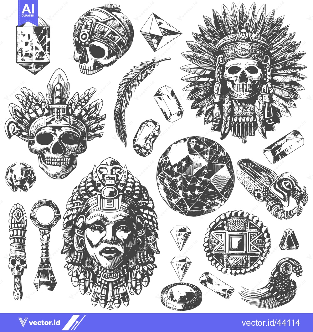 Premium Vector of Hand-Drawn Aztec and Mayan Skulls, Feathers, and Crystals