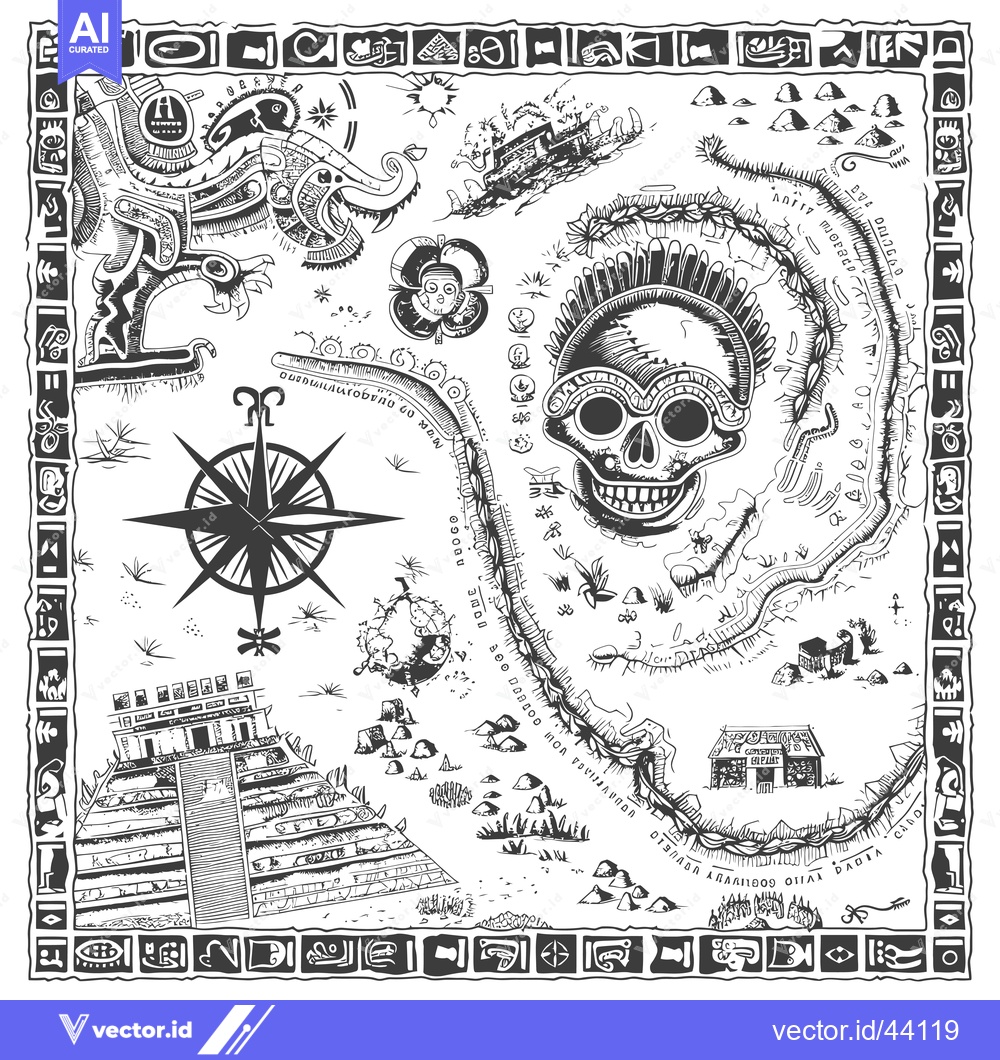 Premium Vector of Hand-drawn Aztec or Mayan Style Treasure Map with Skull