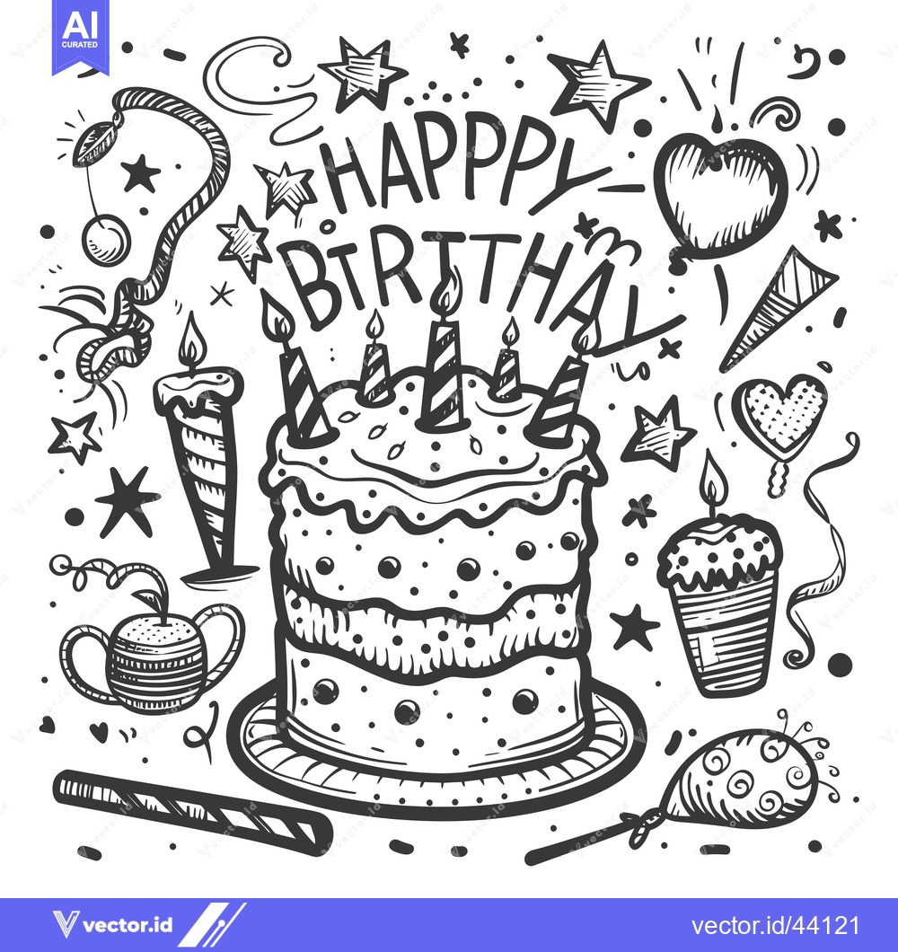 Premium Vector of Hand-Drawn Birthday Cake with Candles and Decorations