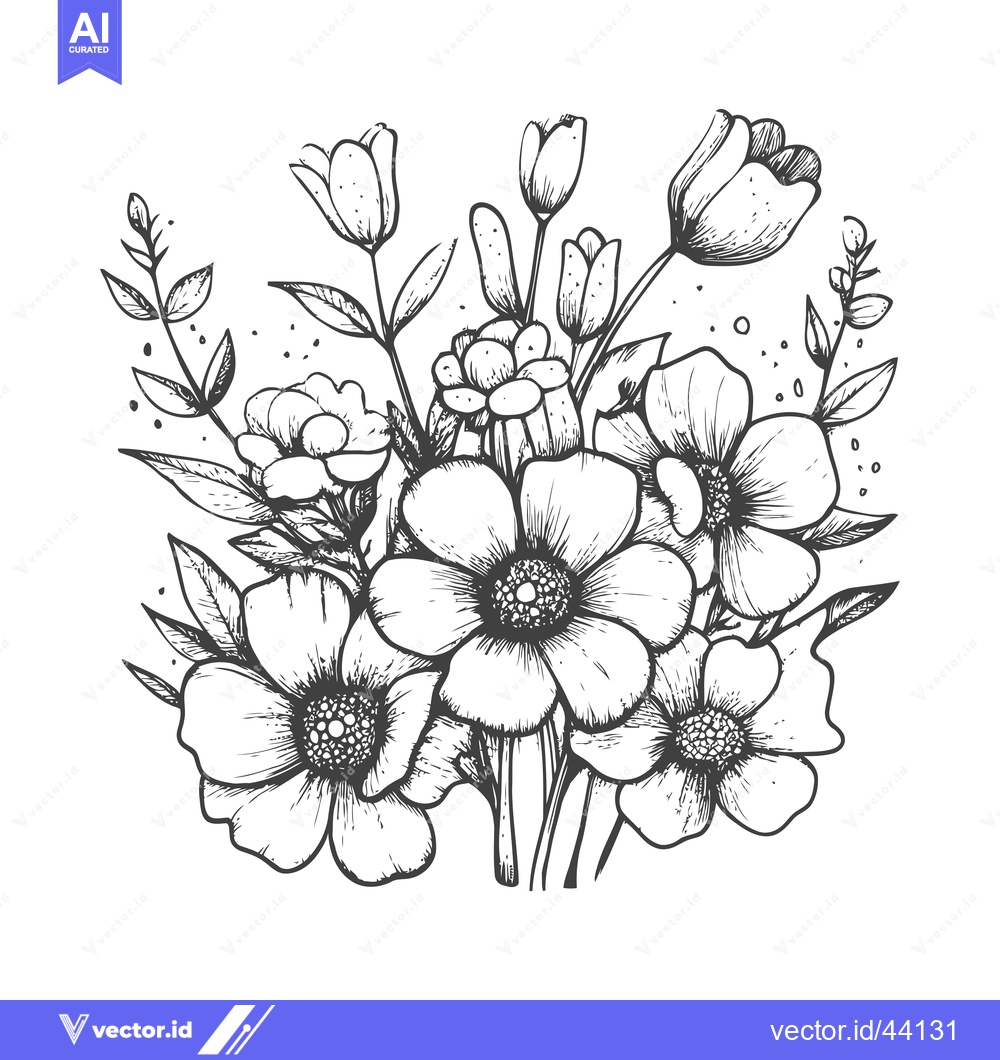 Premium Vector dari Hand-Drawn Black and White Bouquet of Flowers with Leaves