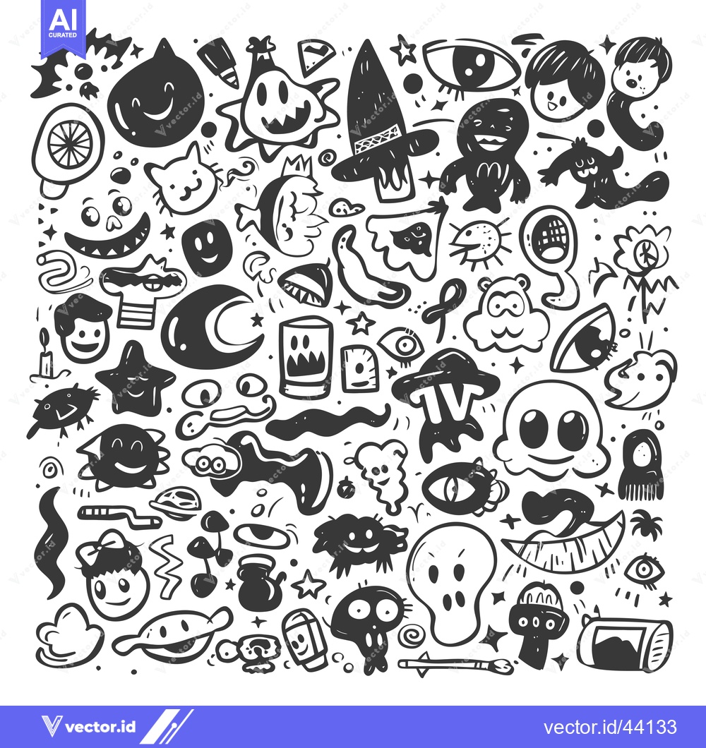 Premium Vector dari Hand-Drawn Black and White Cartoon Characters and Objects