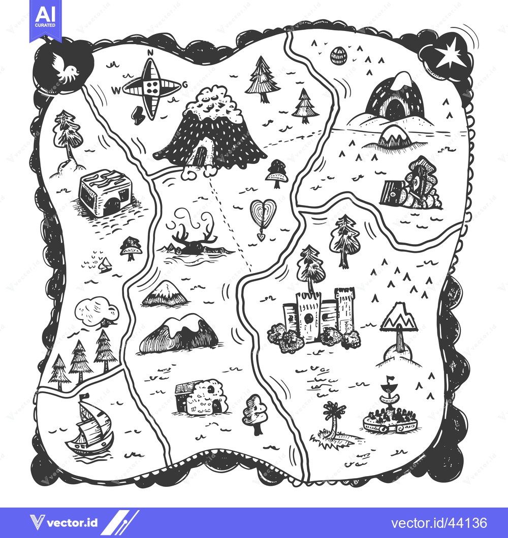 Premium Vector dari Hand-Drawn Black and White Cartoon Treasure Map with Various Landmarks
