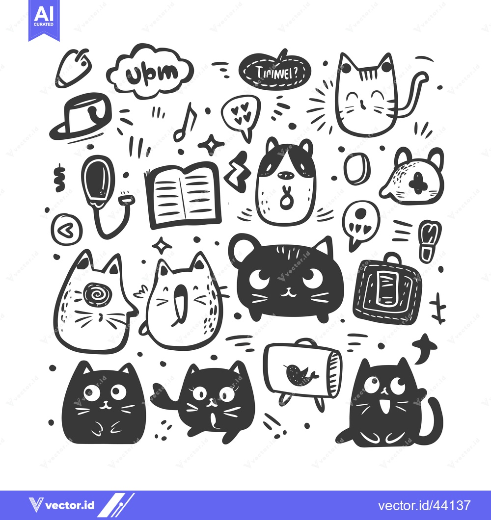 Premium Vector dari Hand-Drawn Black and White Cats and Objects Illustration