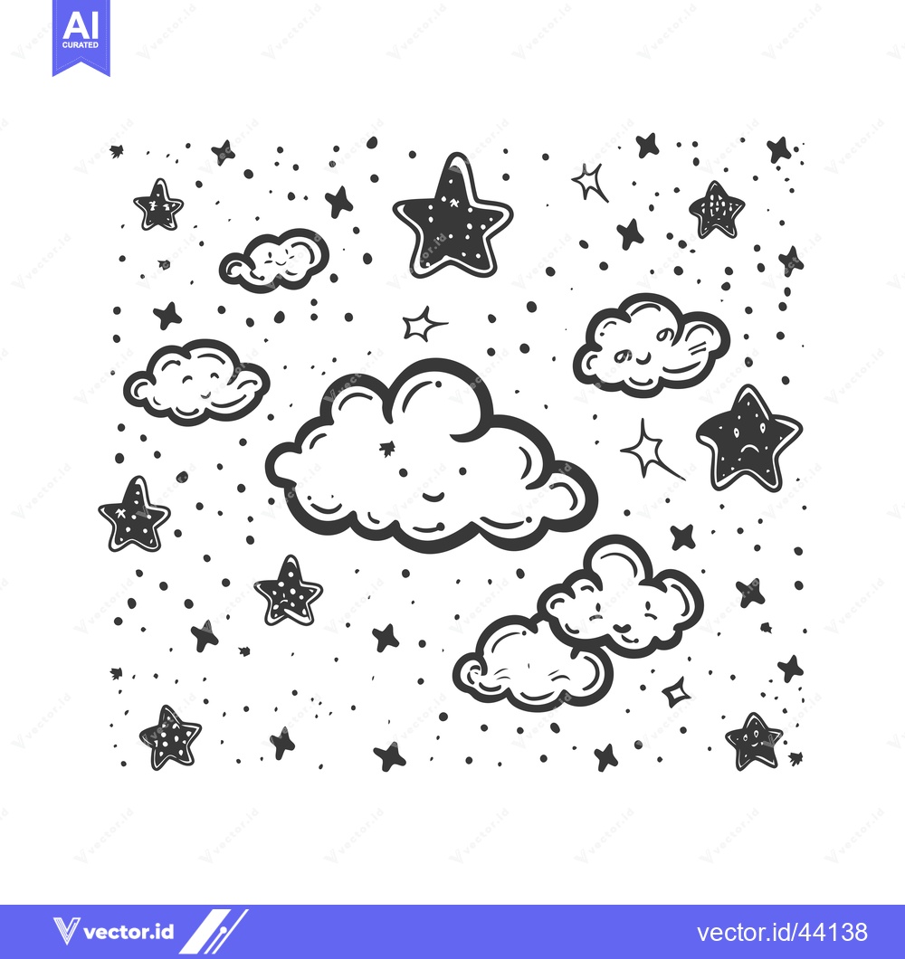 Premium Vector dari Hand-Drawn Black and White Clouds and Stars with Smiling Faces