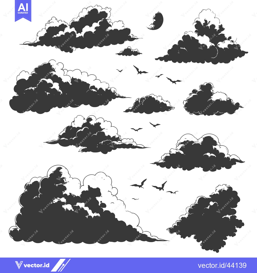 Premium Vector dari Hand-drawn Black and White Clouds with Birds and Crescent Moon