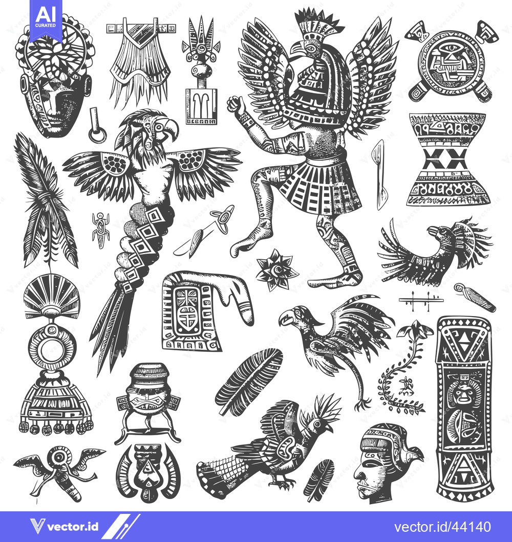 Premium Vector dari Hand-Drawn Black and White Collection of Ancient Mayan Symbols and Art