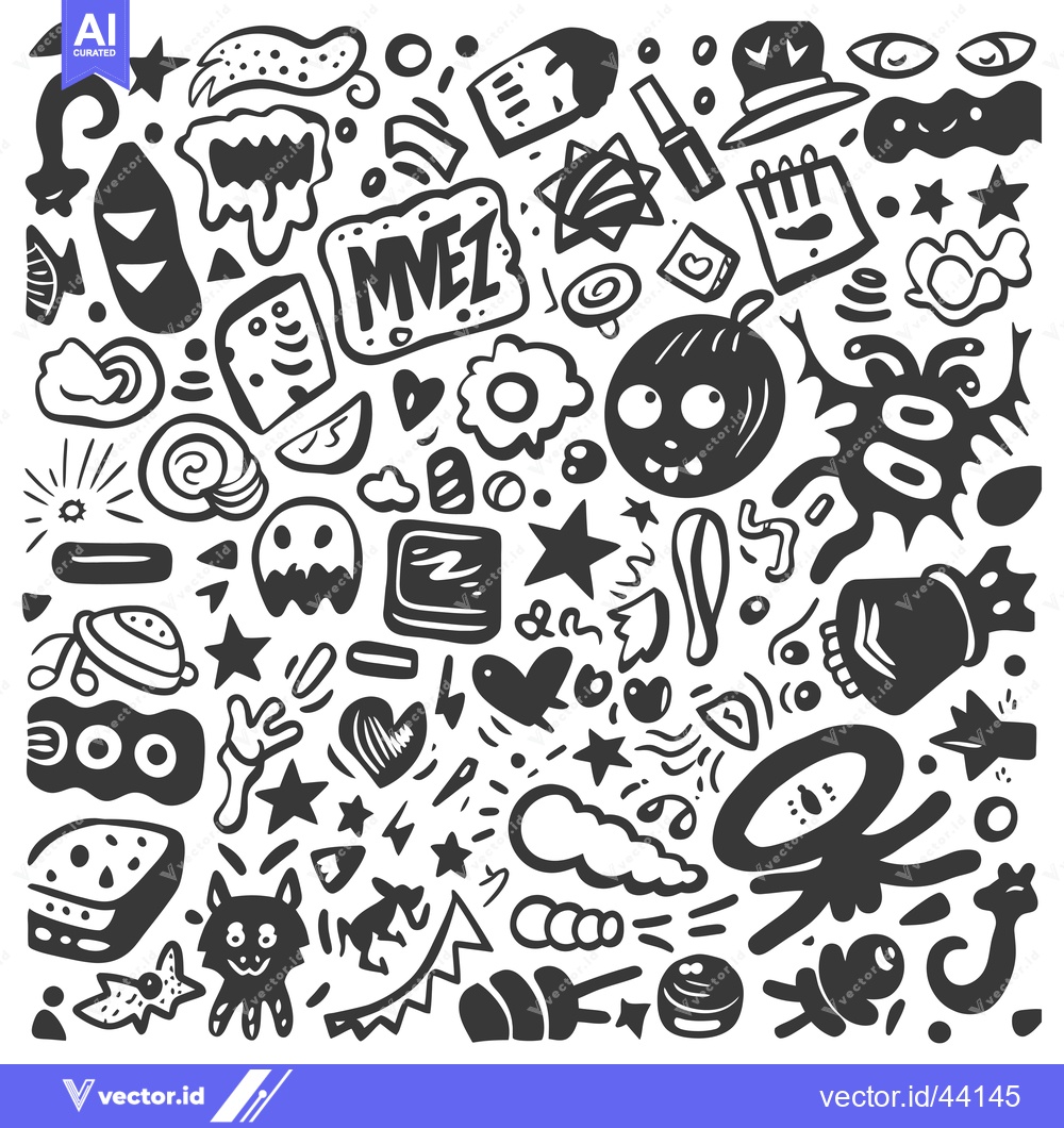 Premium Vector dari Hand-drawn Black and White Doodle Art with Various Shapes and Characte